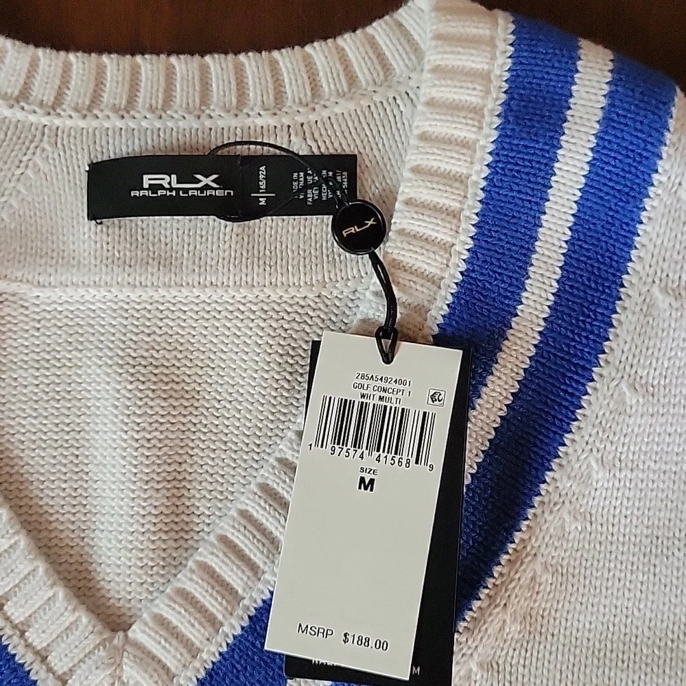 RLX Ralph Lauren Cream V-Neck Sweater Vest with Blue Trim - Picture 4 of 6